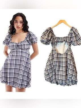 ASOS DESIGN Navy Gingham Puff Sleeve Bubble Hem, Open Back Dress – Size 6 NWT